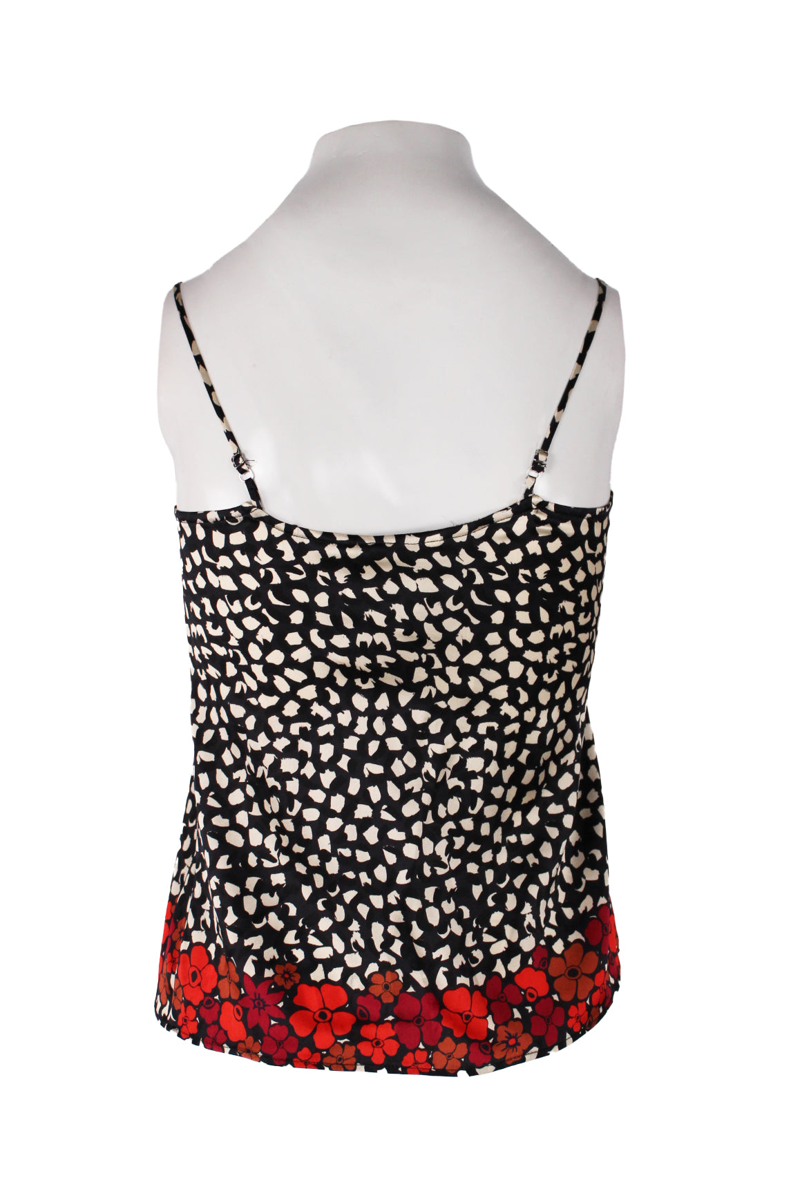 rear of black, white and red floral motif camisole with adjustable, spaghetti style shoulder straps. 