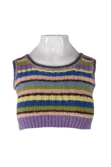 front of unlabeled multicolor sleeveless knit crop top. features rounded neckline, striped design throughout, ribbed hem, and pull on style. 