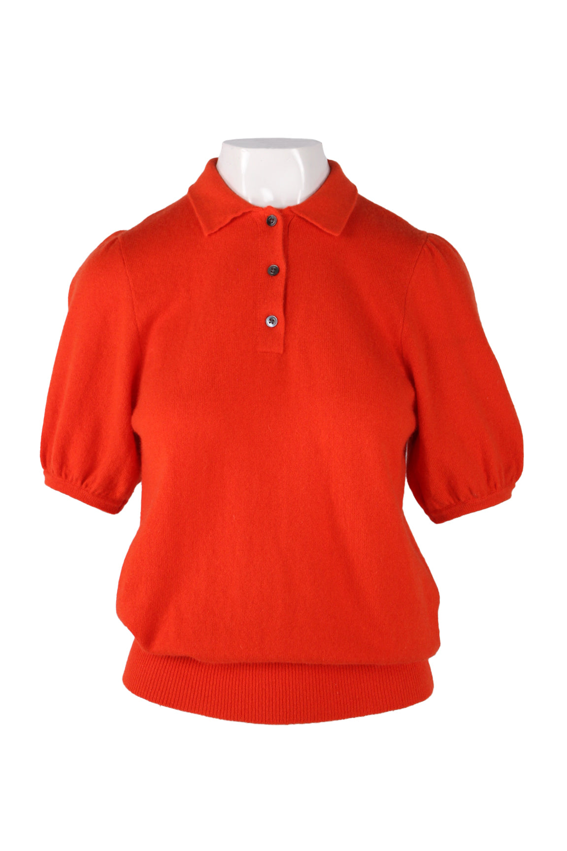 description: demylee orange cashmere short sleeve sweater. features collar, button closure, slight balloon sleeve, and fitted ribbed bottom hem. 