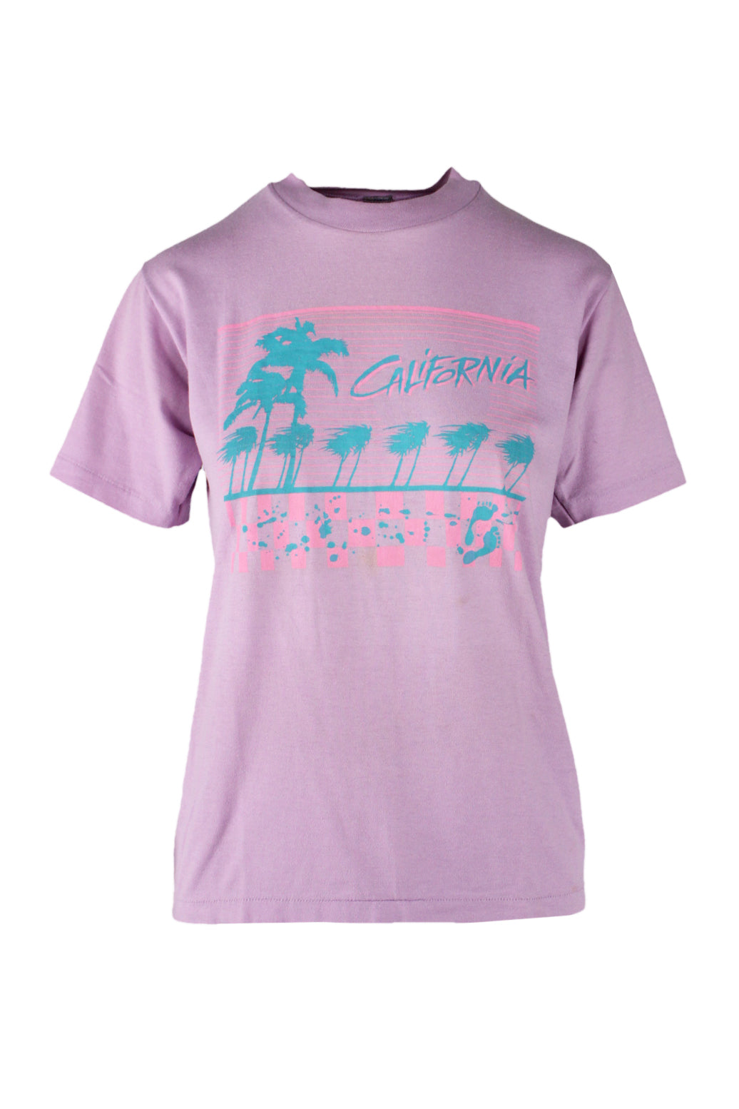 vintage lilac short sleeve t-shirt with a pink and teal graphic across the front featuring palm trees and footprints under the word ‘california’ 