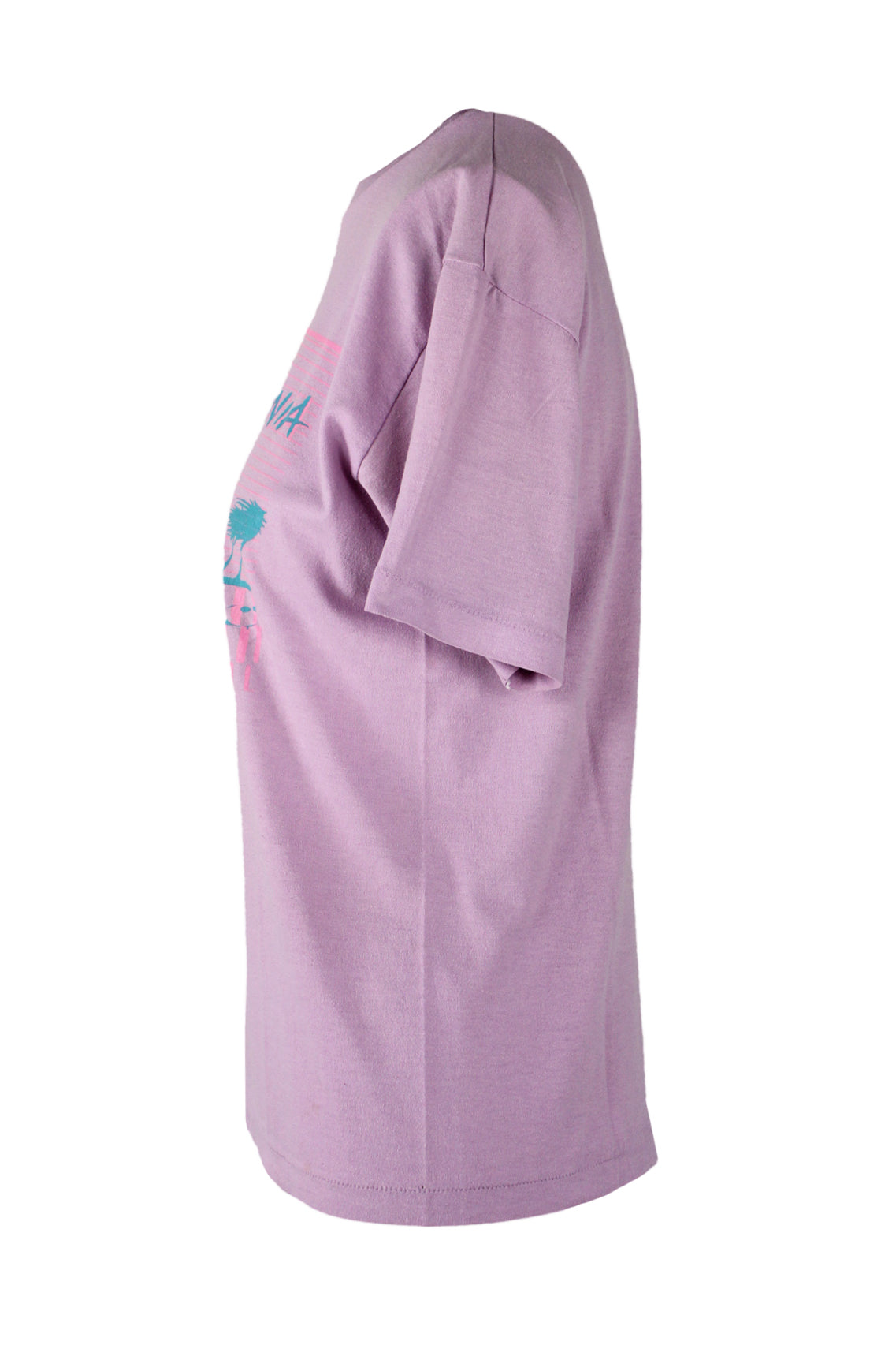 profile of lilac short sleeve t-shirt with single stitched finishings.