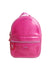 ugg hot pink faux fur mini backpack with clear plastic casing and front zippered pocket with branded pull and patch reading ‘ugg’