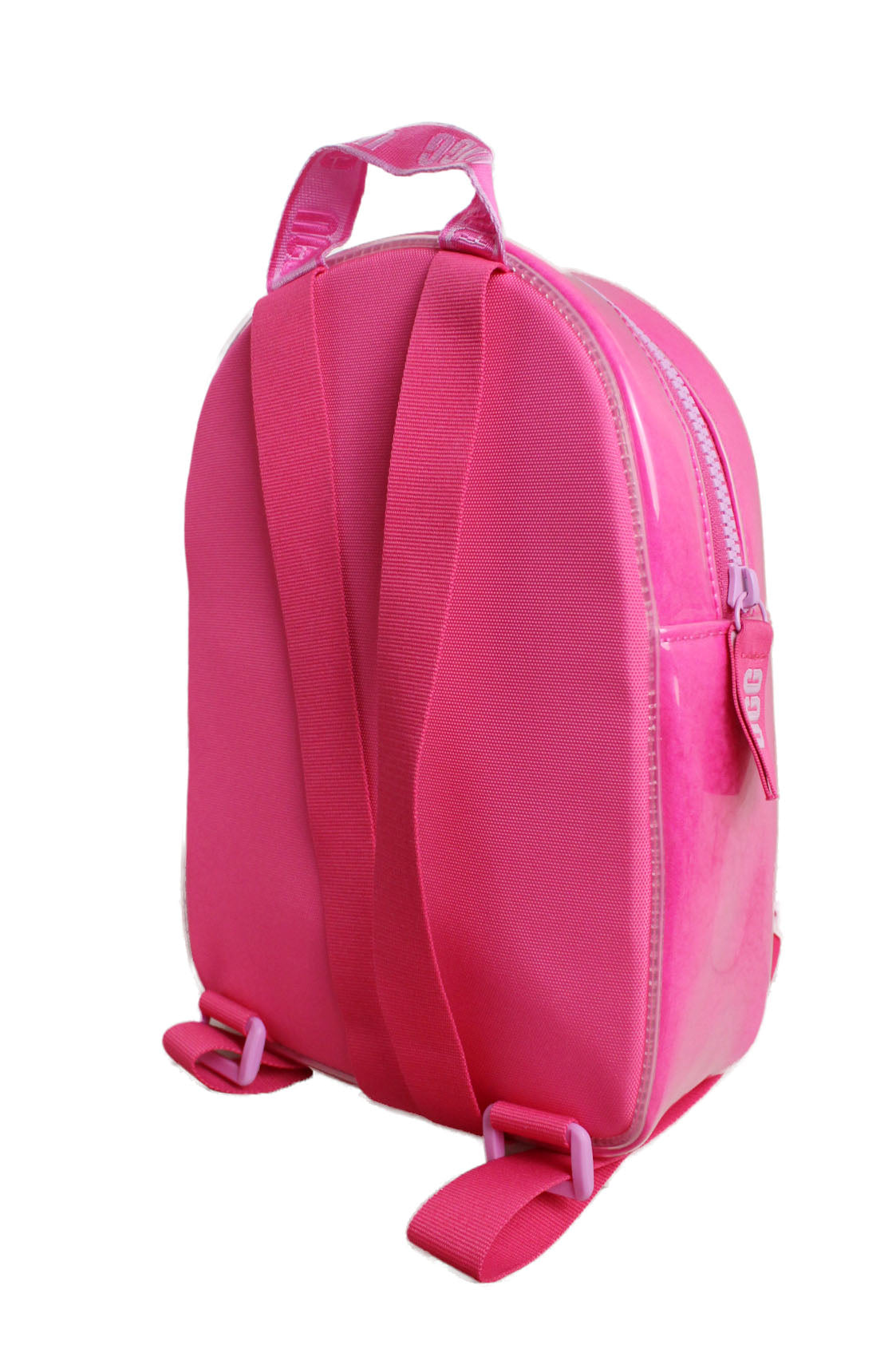 ¾ back profile of hot pink backpack sitting upright highlighting the nylon panel back and webbing straps. 