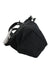 ¾ bottom view of black tote showcasing tapered shape. 