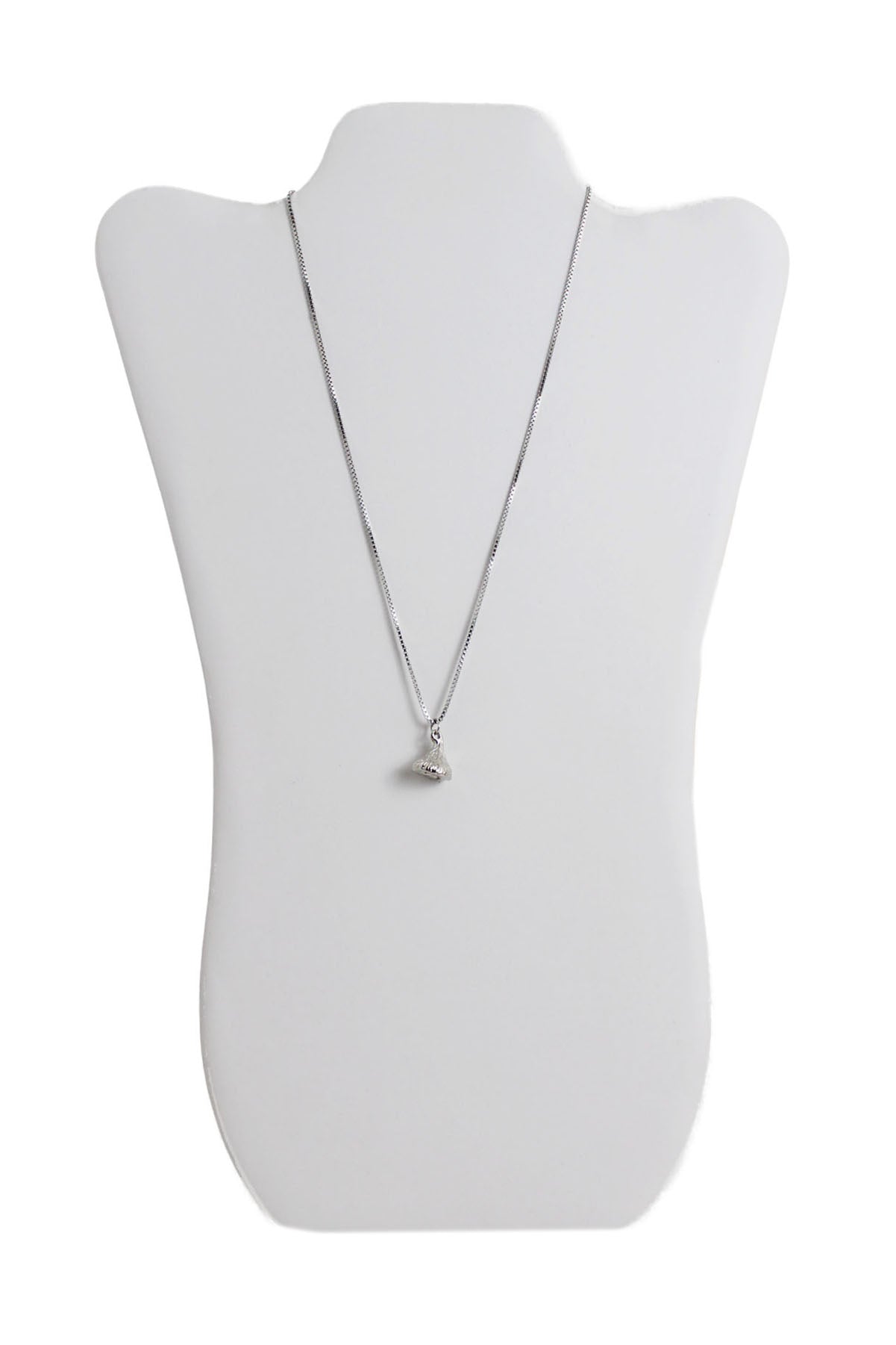 silver toned metallic necklace with a matching chocolate kiss-like pendant staged on neck form