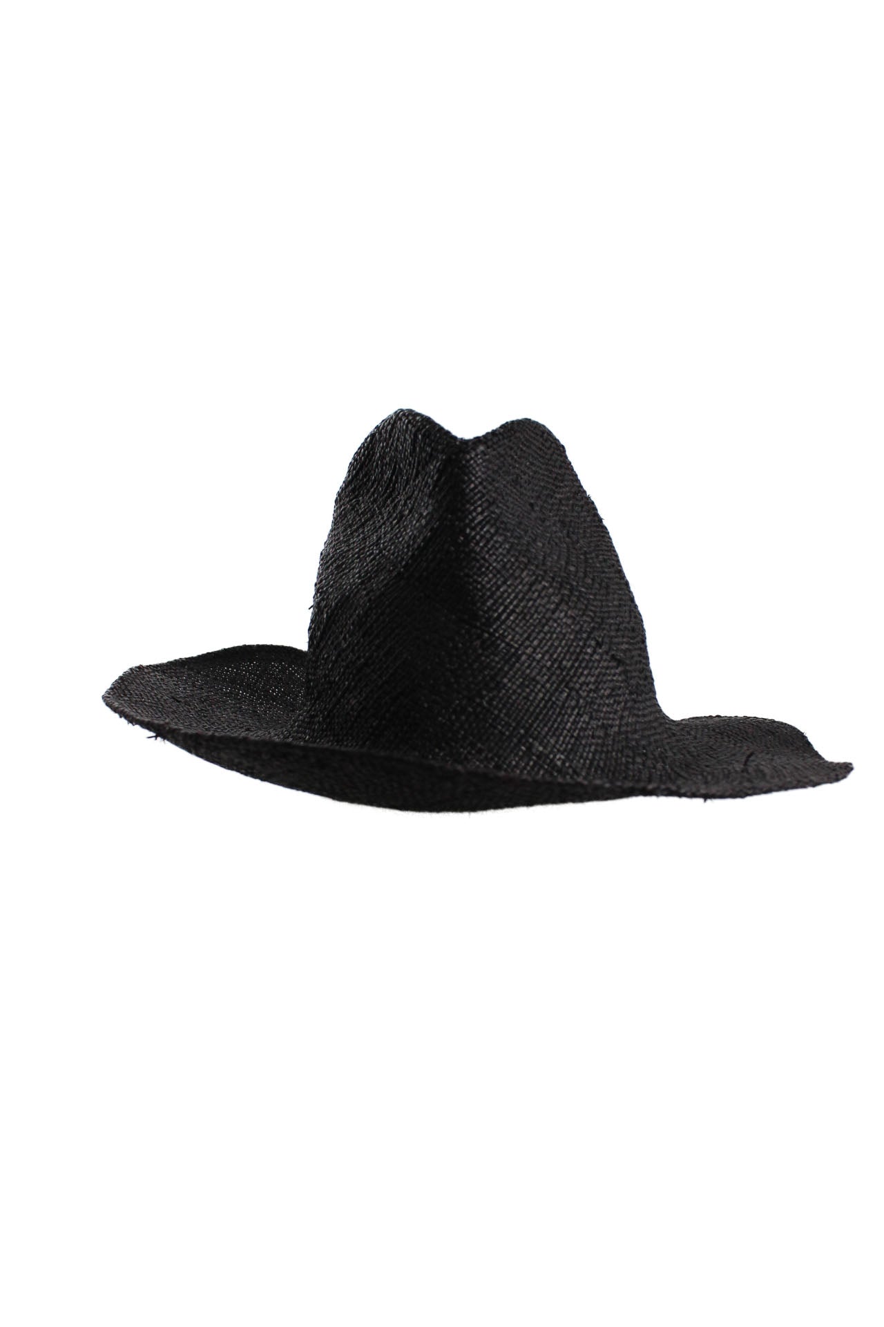 front view of reinhard plank black straw hat. features approximately a 3” brim and ‘reinhard plank’ logo tag at rear of sweatband.