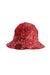 front view of vintage red/white paisley bucket hat. features side mesh panels, sweatband, and brim measures ~ 2 ¼”.