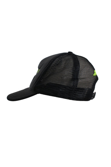 side angle of trucker hat. features black plastic mesh back panels. 