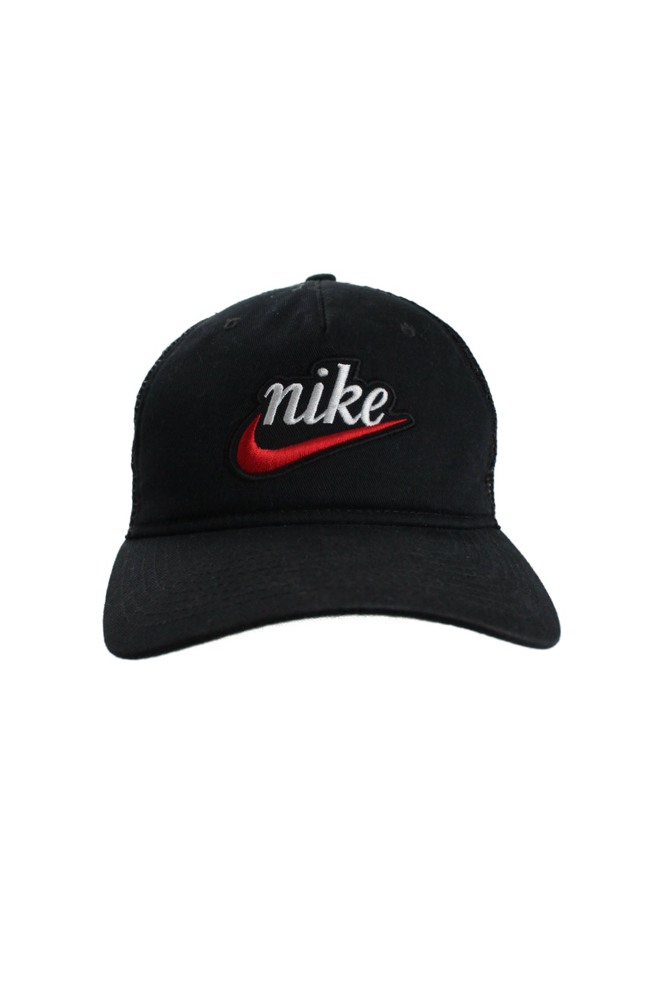  front angle of nike black trucker hat. features embroidered branding with text 'nike' in white and signature swoosh in red.