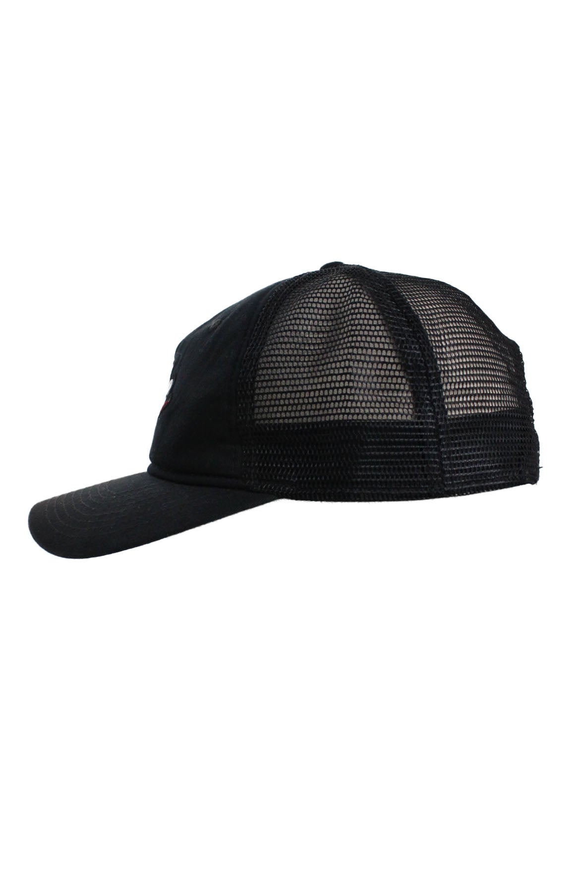 side angle of tucker hat. back panes are sheer plastic mesh.