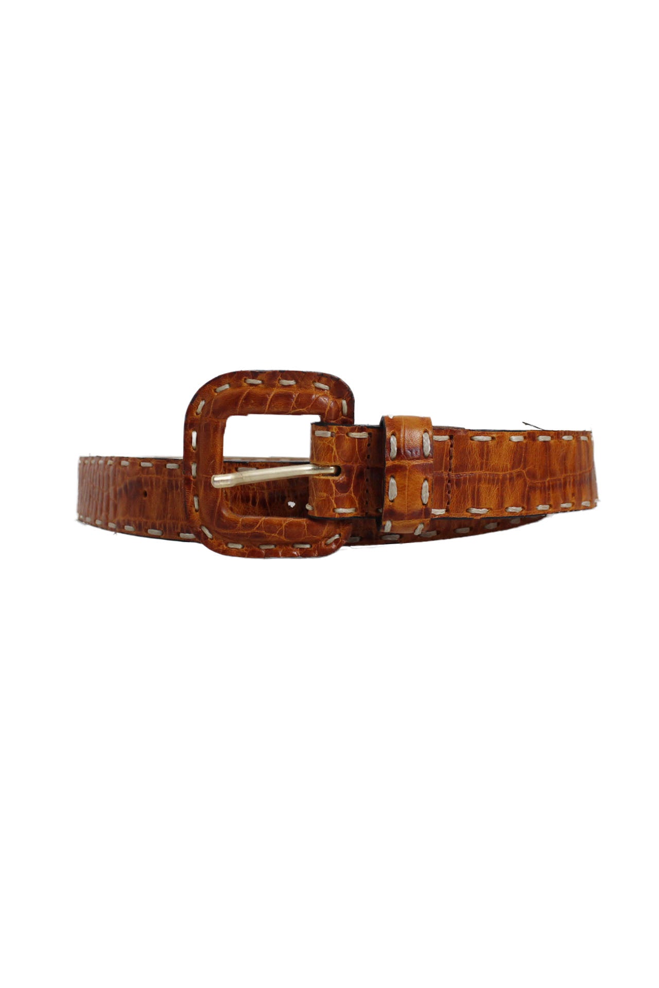 front angle of vas and crafts golden brown reptile leather belt. features white outstitching and leather covered buckle with gold toned hardware. 