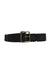 front of linea pelle black leather belt. features square shape, braided detail, and gold toned metal buckle closure. 