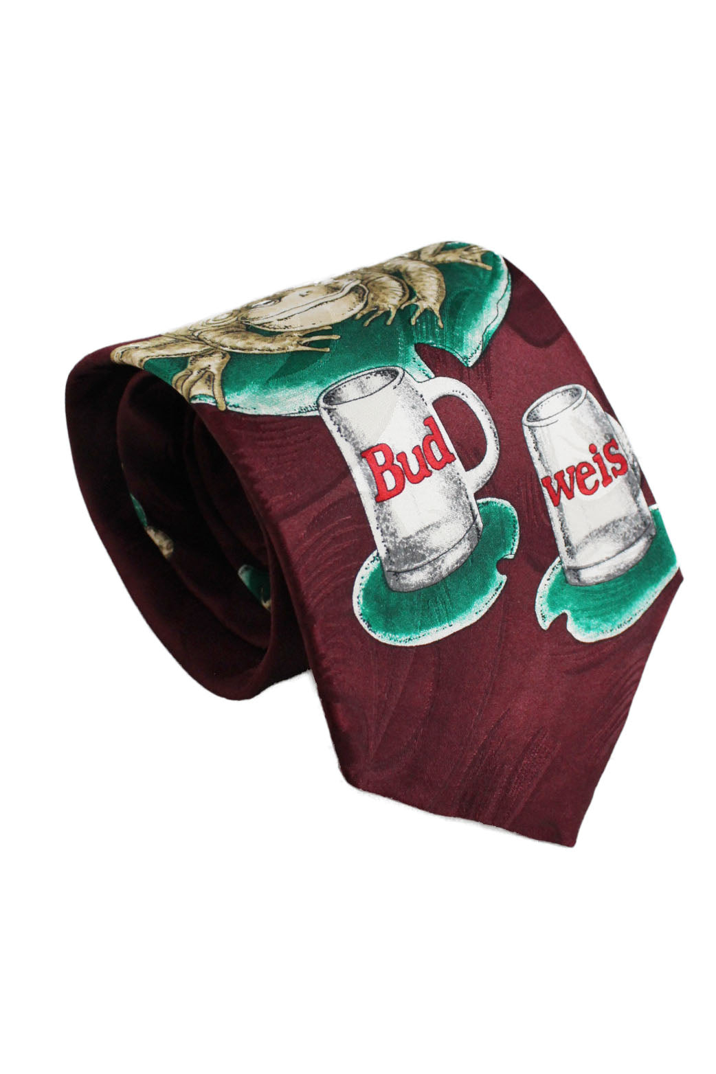 rolled view of vintage 90’s maroon/multi silk tie. features ‘bud weis er’ frog graphic throughout, ‘genuine collection mmg corp’ logo loop tag at back, and ‘co 1995 anheuser busch’ logo printed at back.