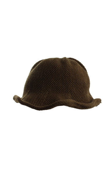 side angle of knit bucket hat. 