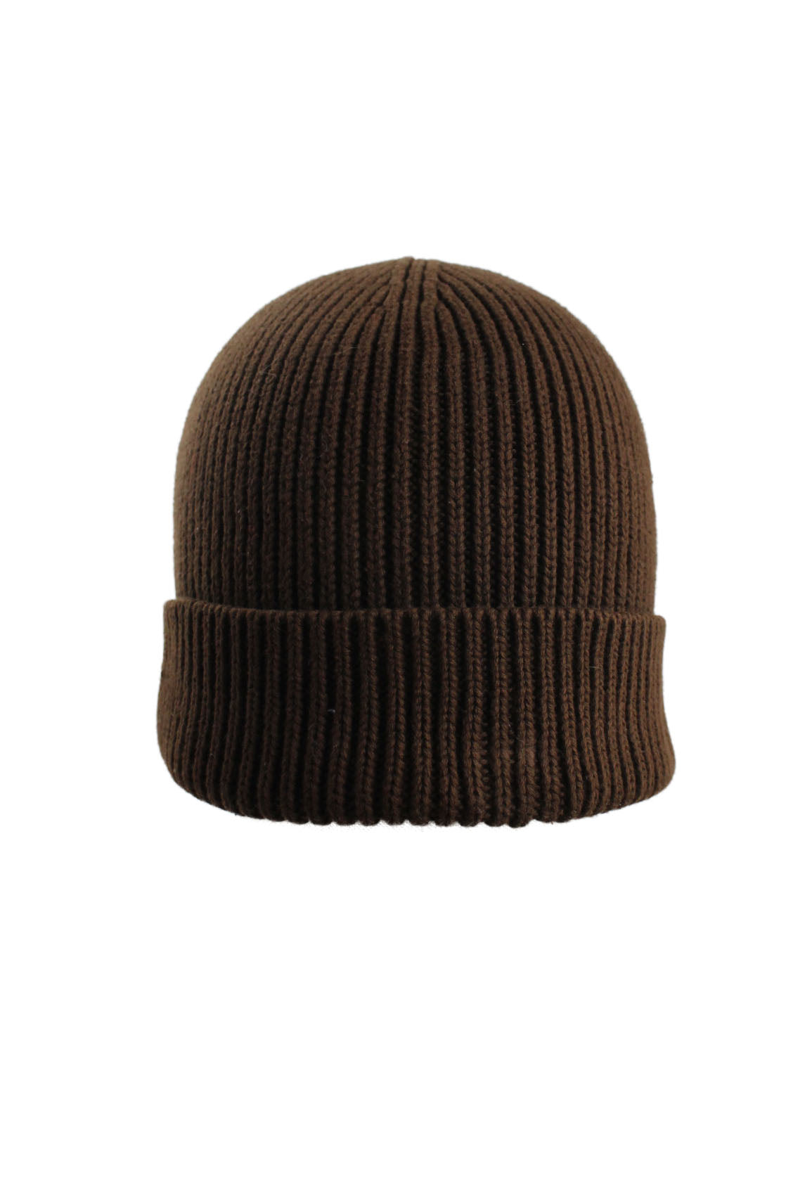 front angle of allsaints brown cotton ribbed beanie. 