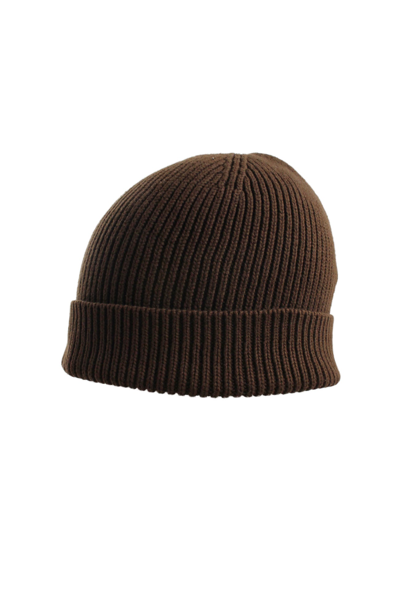 side angle of ribbed beanie. 