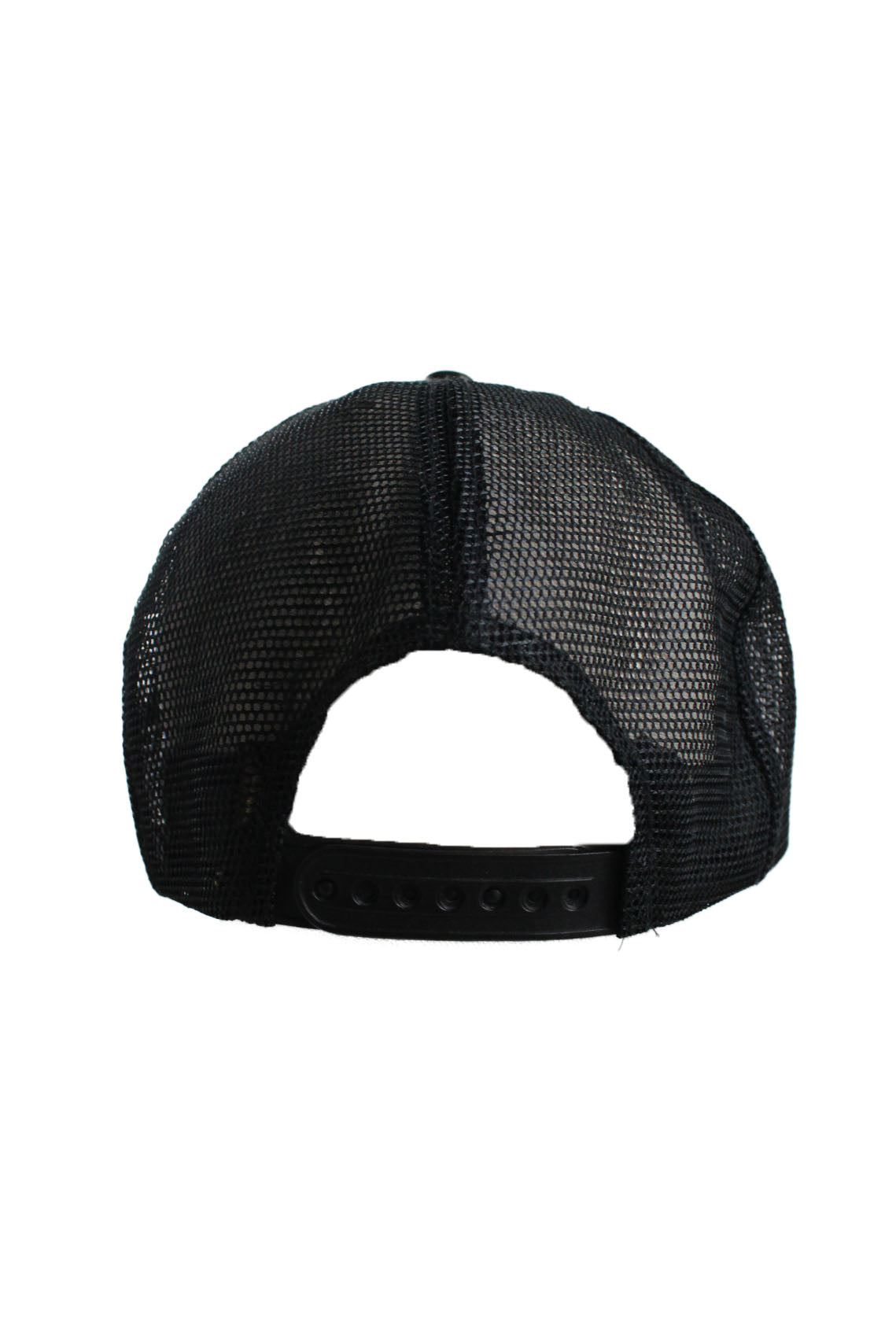 back angle of trucker hat. features snap back adjustable closure. 