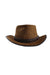 front view of san zeno brown ‘steppin’ hand made leather hat. features braided leather headband with brim measuring ~ 2.25”.