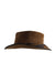 left side view with leather braided hatstrap of hat.