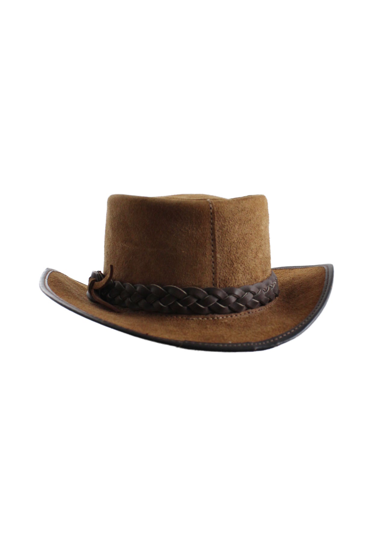 rear view with leather braided hatstrap of hat.