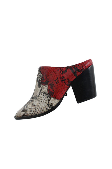angled profile of red and beige snake embossed mule heels by schutz