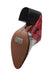 angled bottom view of red and beige snake embossed mules showcasing the branded leather sole