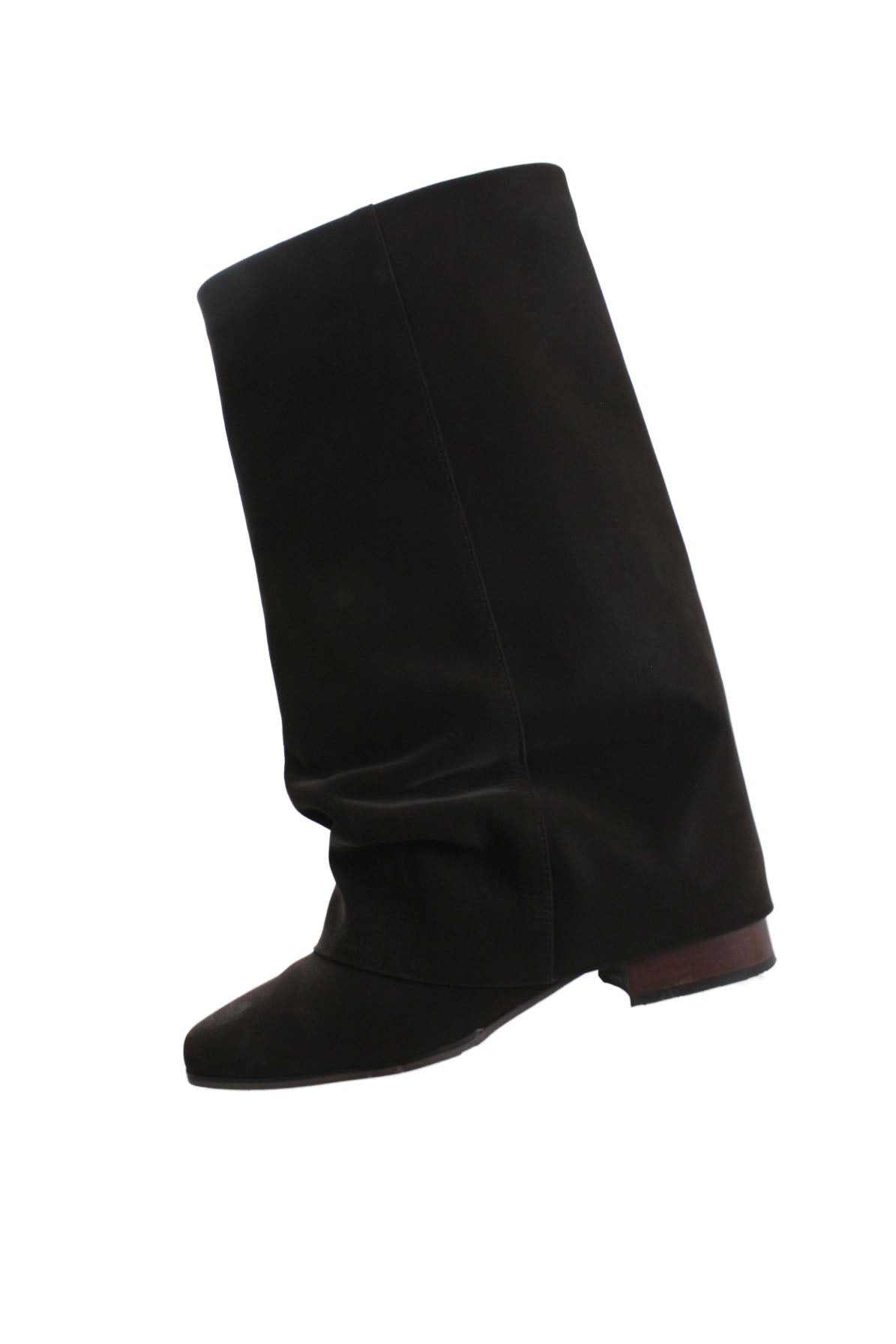 description: three to eighty dark brown wrinkle leather boots. features rounded toe silhouette, folded up silhouette, natural wrinkle design, and unique texture similar to suede.  