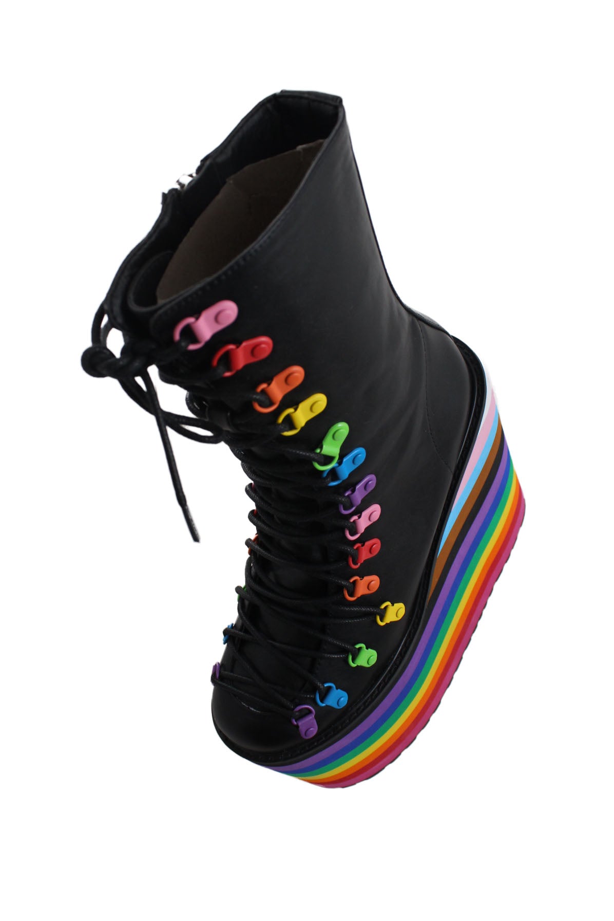 front of rainbow black boots. 