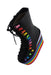 front of rainbow black boots. 