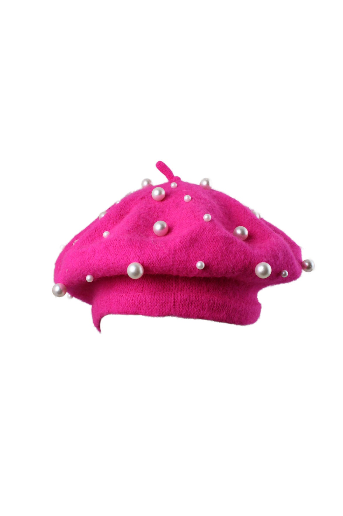 unlabeled hot pink knit beret. features 2 different pearl sizes spread across