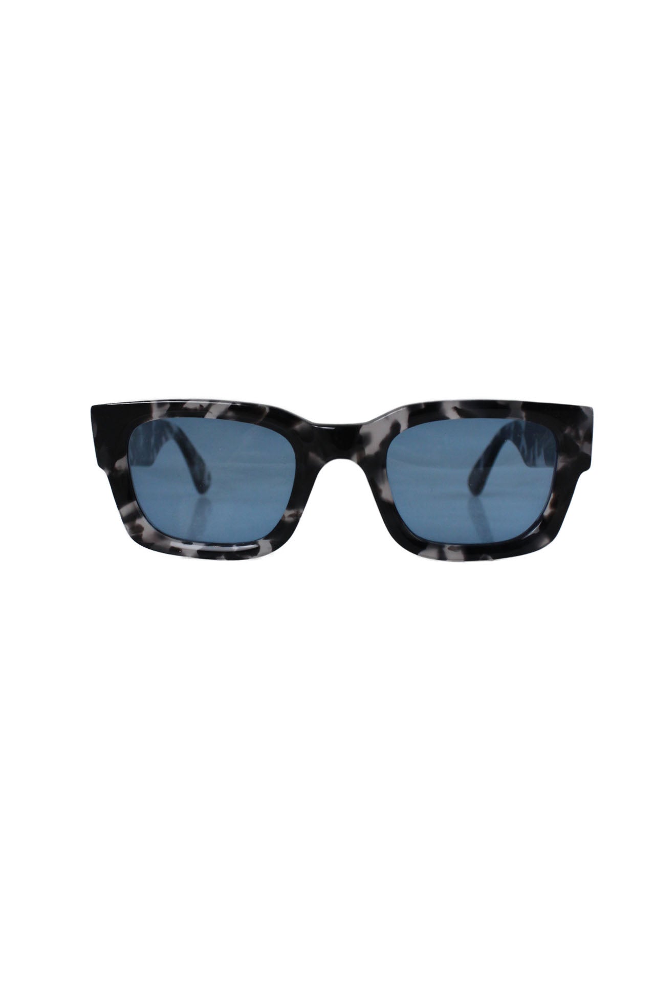 front of holls black tortoiseshell sunglasses. features blue toned lenses, and square shape.