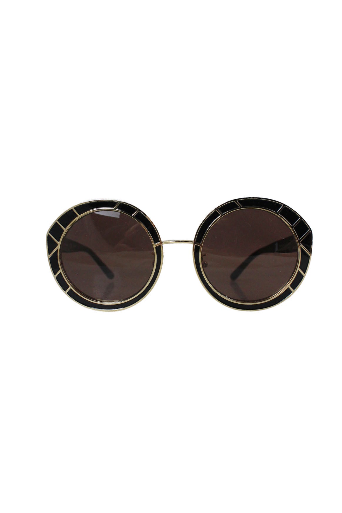 description: tory burch gold and black metal rounded frame. features gold-tone metal hardware throughout, black tinted lenses and metal frame. comes with orange case. 