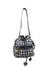 front of vintage moschino blue and white plaid bucket bag. features plaid design throughout, gold tone hardware, four leaf clover and smiley shape pendant, zip pockets, and drawstring closure with heart shape at edges. 