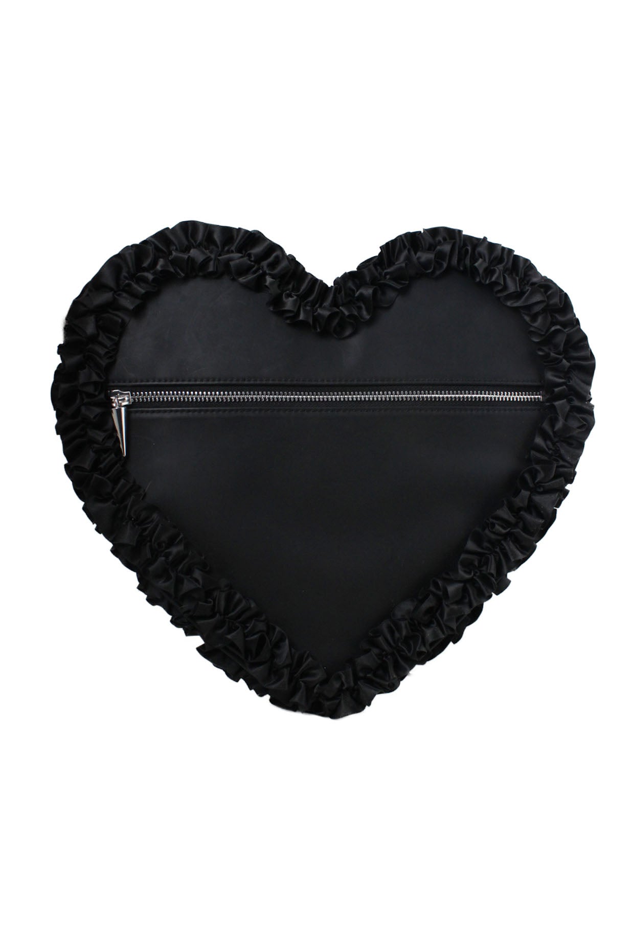 front of unlabeled black heart hand bag. features heart shape design, ruffled embellish at edges, and zip pocket with spike pendant. 