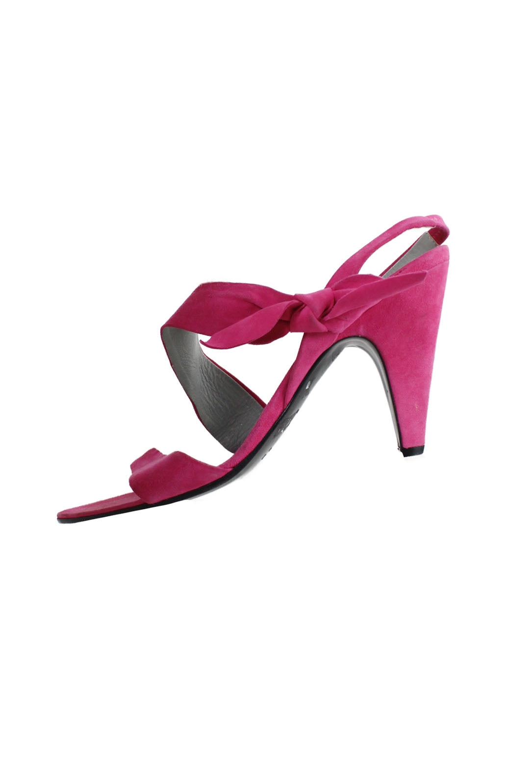  miu miu fuchsia leather slingback heels. features open toe,  branded insole, strap bow closure, ankle strap, and pointed toe silhouette. 
