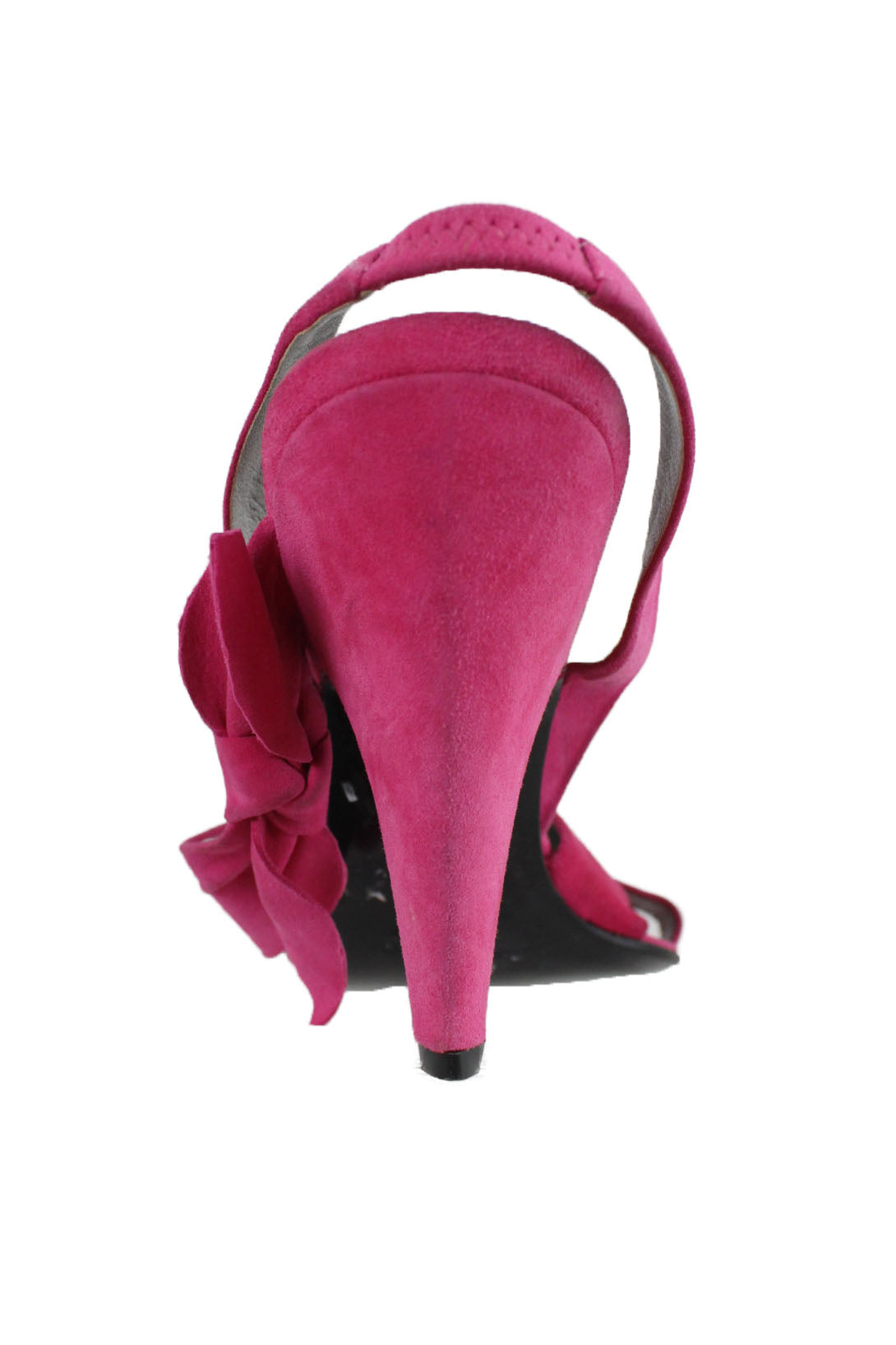 back heel view of miu miu fuchsia leather slingback heels.