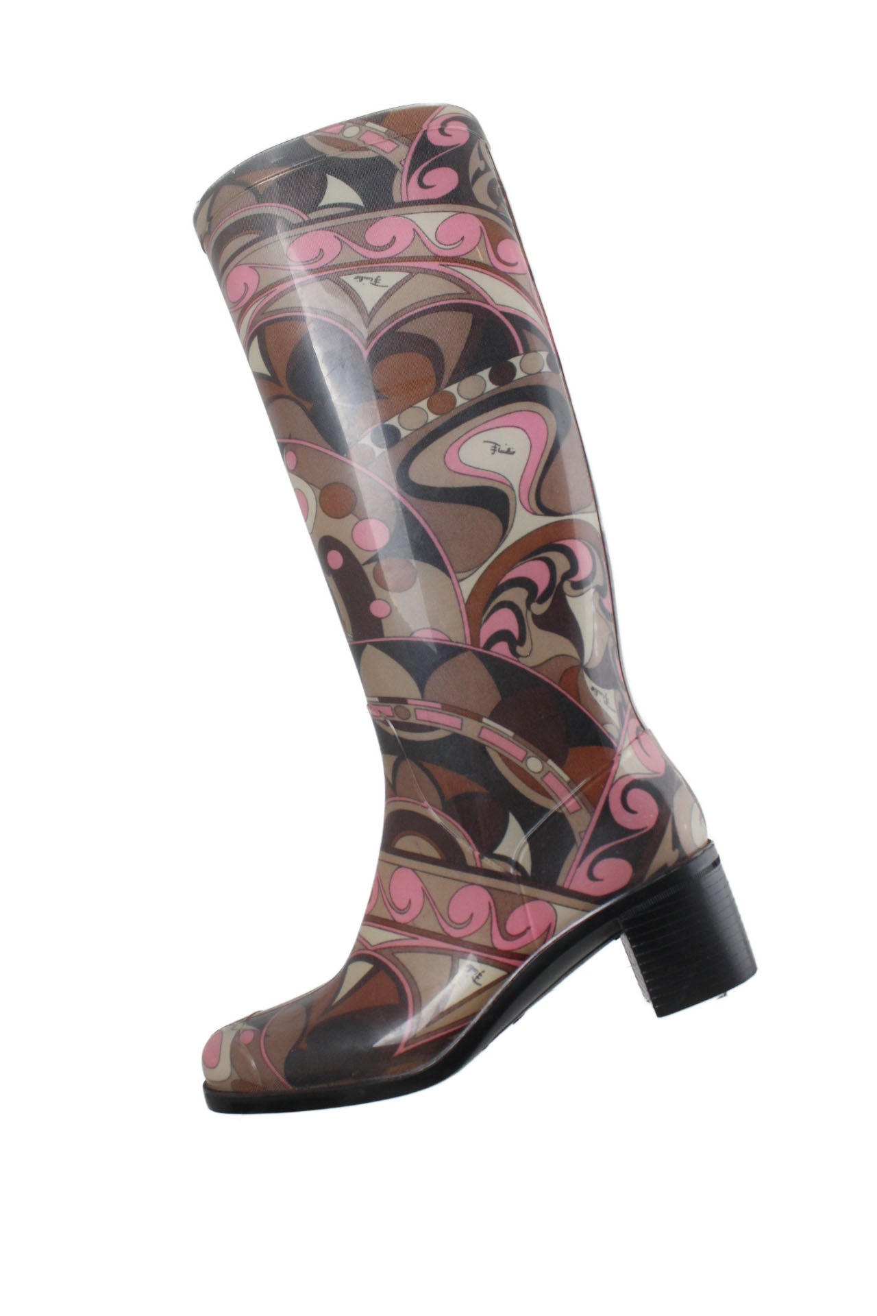profile of  emilio pucci brown and pink rubber rain boots. features abstract print throughout, high top, block heels, and pull on style. 