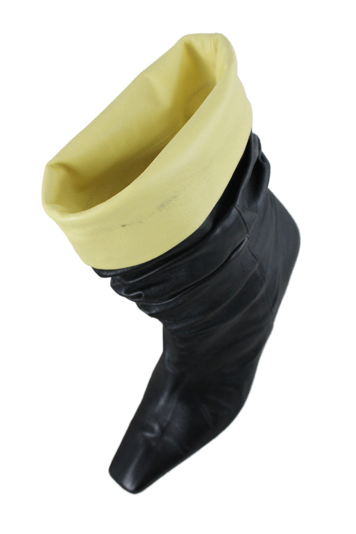 top view of yuul yie black mid-heeled leather boots