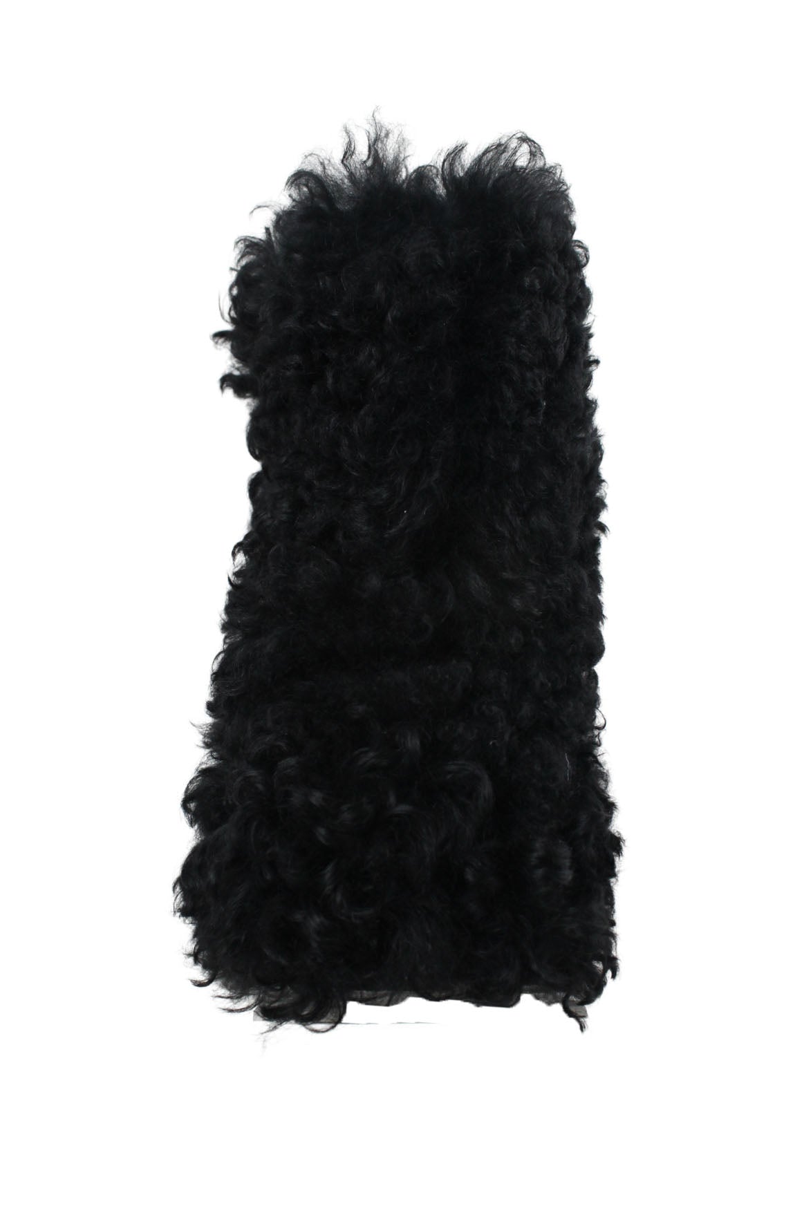 back view of black furry boots. 