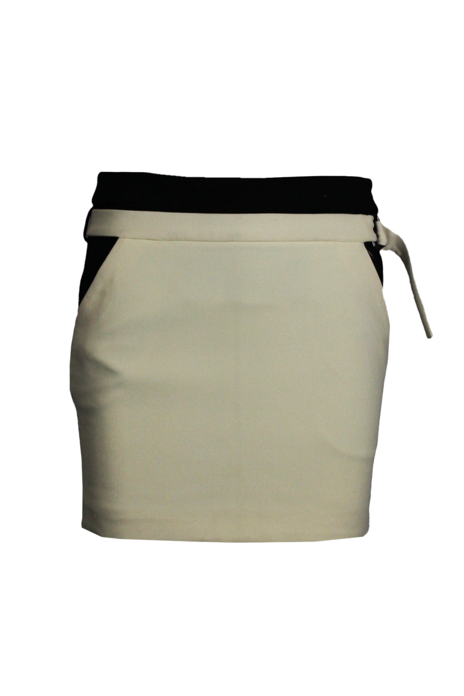 proenza schouler black and cream mini skirt. features cream skirt panel with belt design detail. includes pockets and side zipper