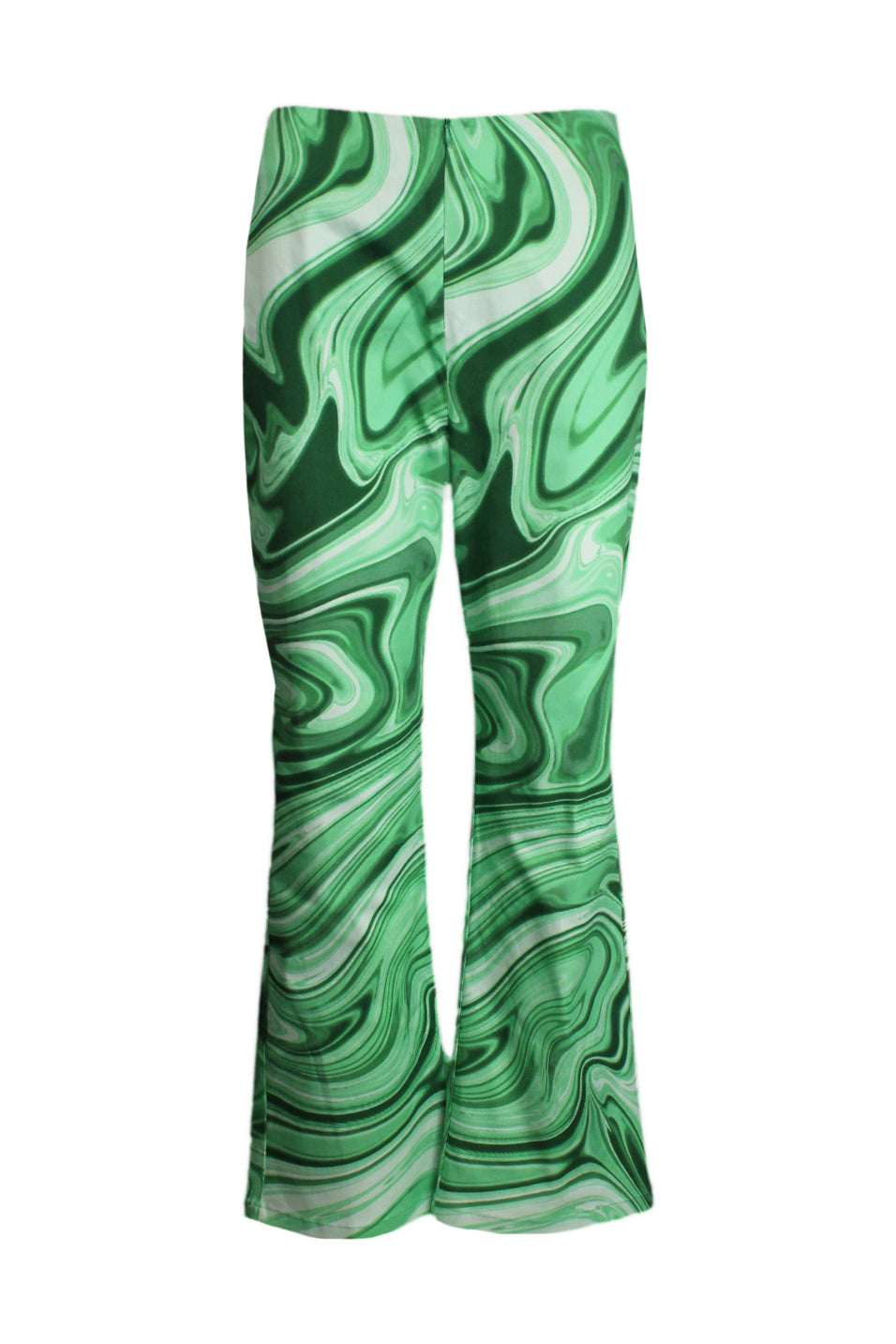 front of hosbjerg green cotton blend flare pants. features marble print throughout, high waist, and zip closure. 