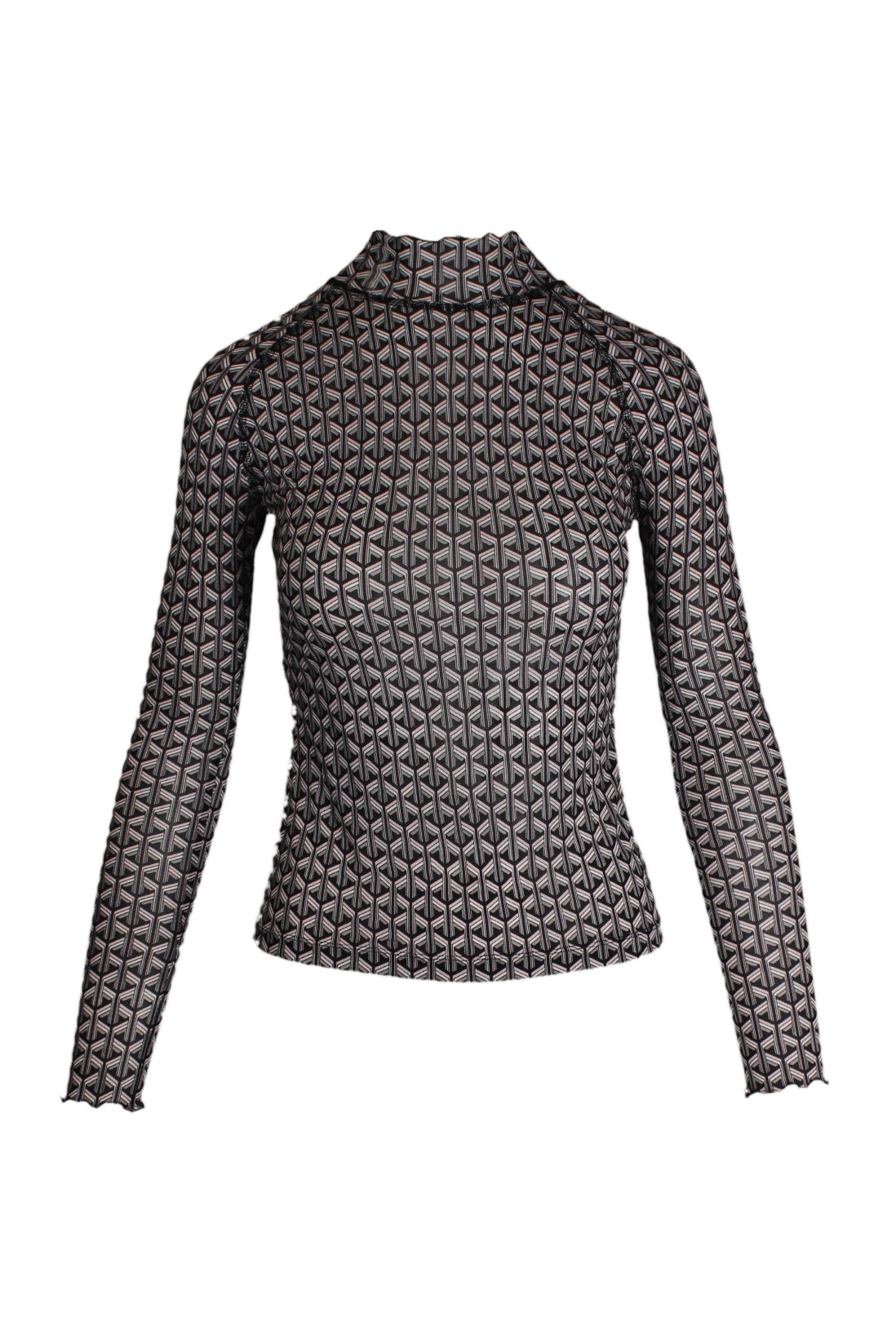 front of diane von furstenberg black and pink long sleeve mesh top. features high neckline, geometrical print throughout, contrast stitching in black, and pull on style. 