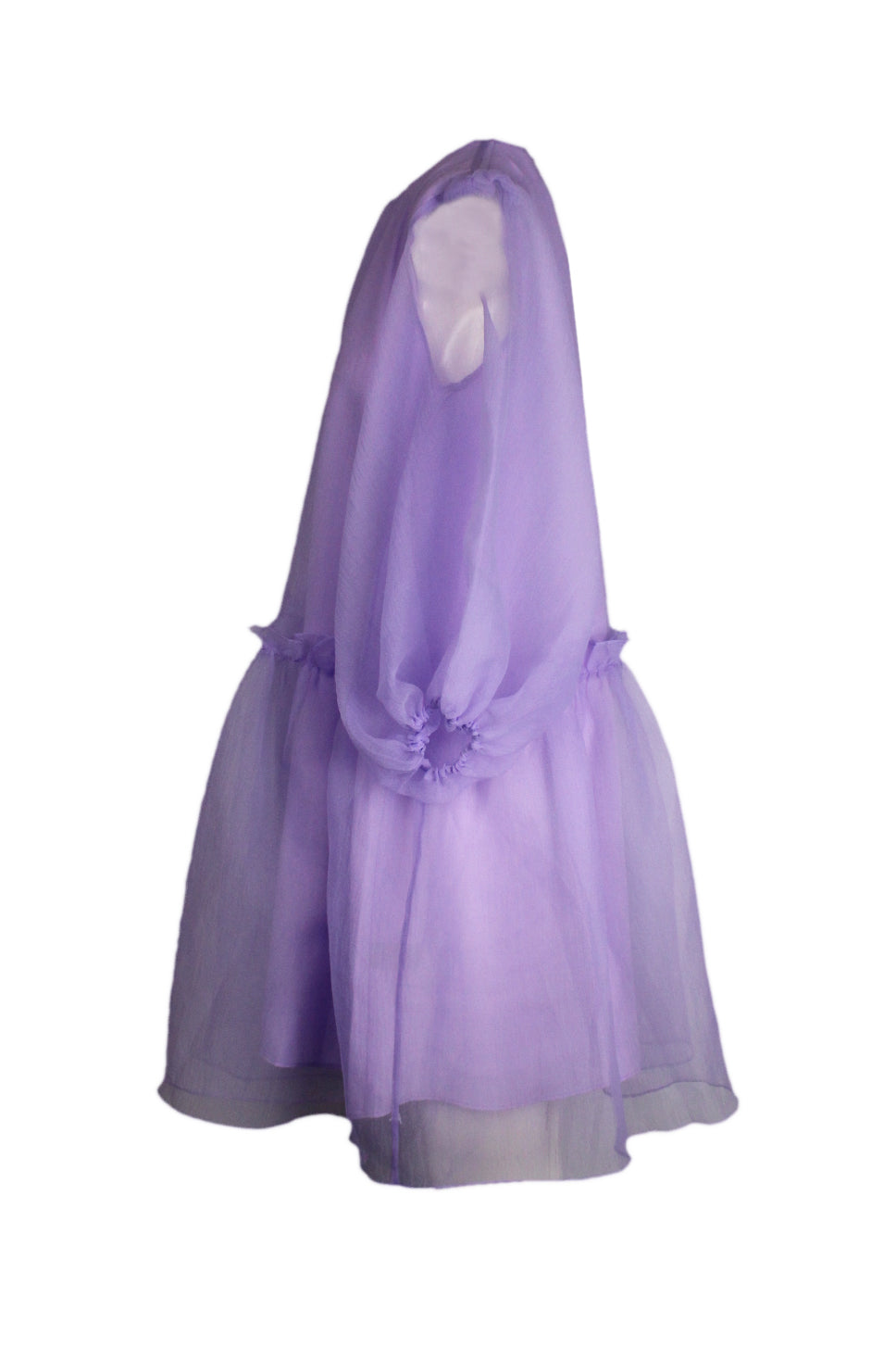 side view of cynthia rowley pastel purple sheer dress 