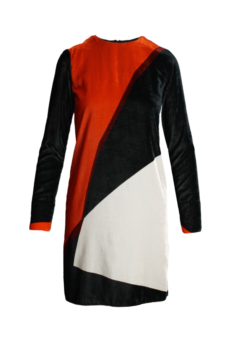 front of cedric charlier multicolor long sleeve velvet mini dress. features crew neckline, geometrical design, slit at sides, and zip closure at back; slim fit. 