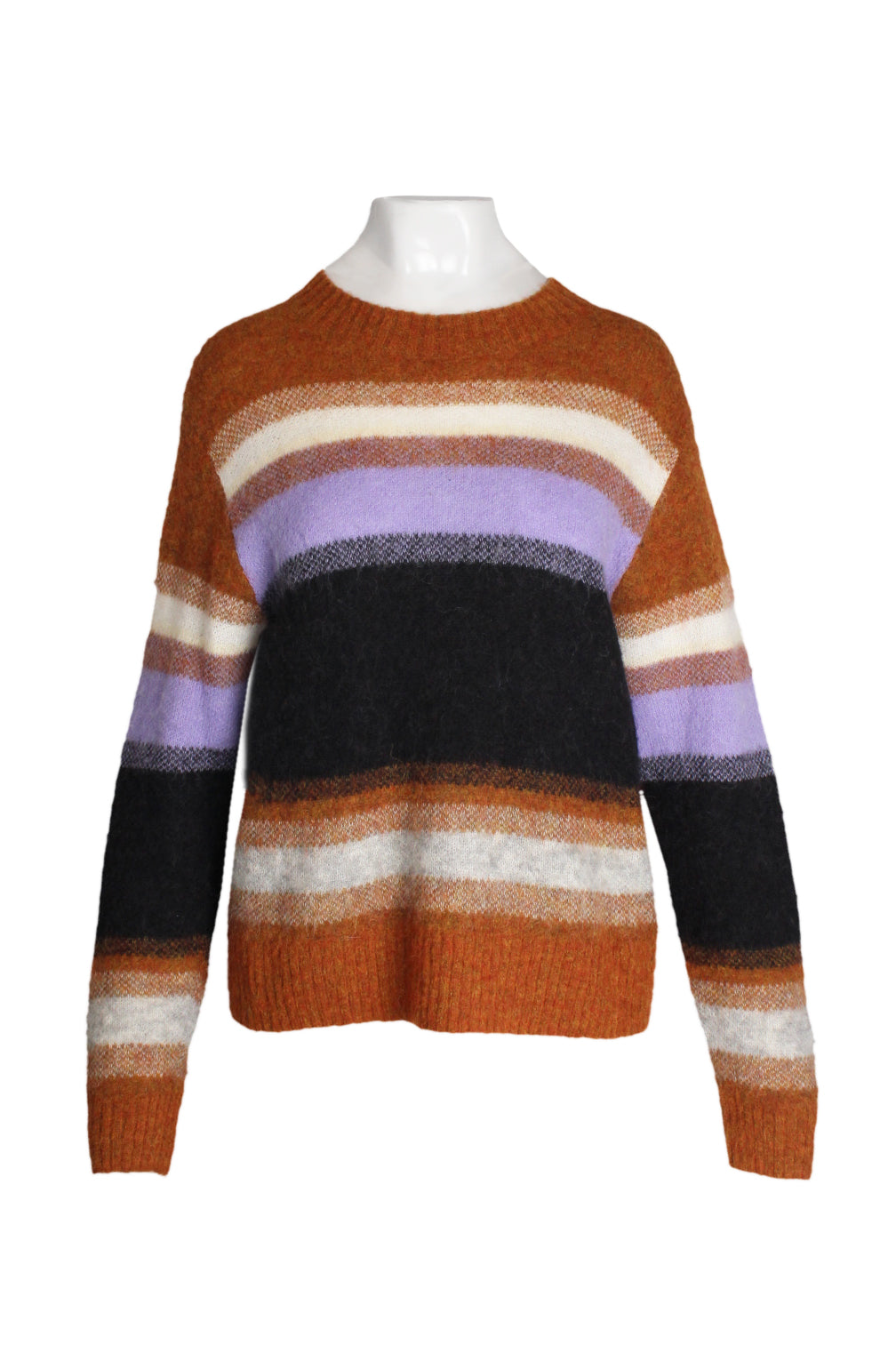 front of acne studios orange/multicolor wool-blend long sleeve sweater. features striped pattern throughout, crew neckline, ribbed trim, and relaxed style. 