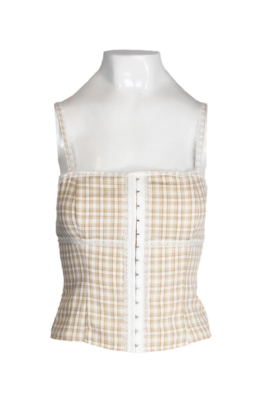 front of reformation beige sleeveless tank top. features plaid design throughout, lace spaghetti straps, square neckline, hook closure detail at front, smocked back and zip closure. 