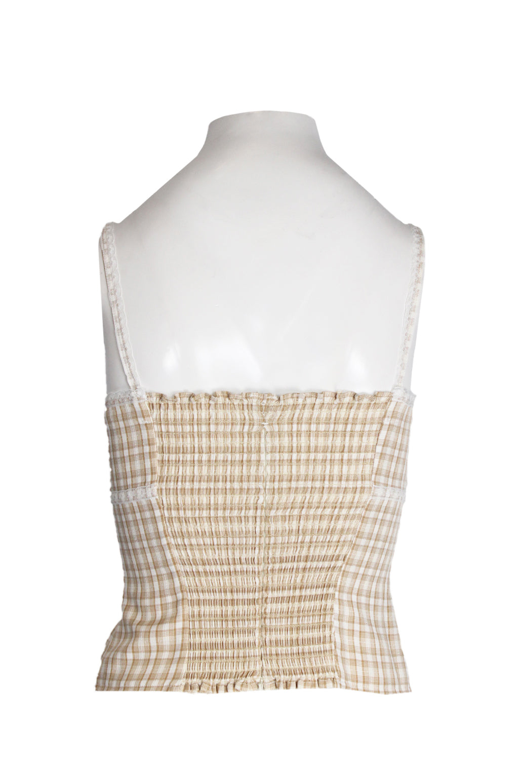 back of tank top with smocked design and zip closure. 