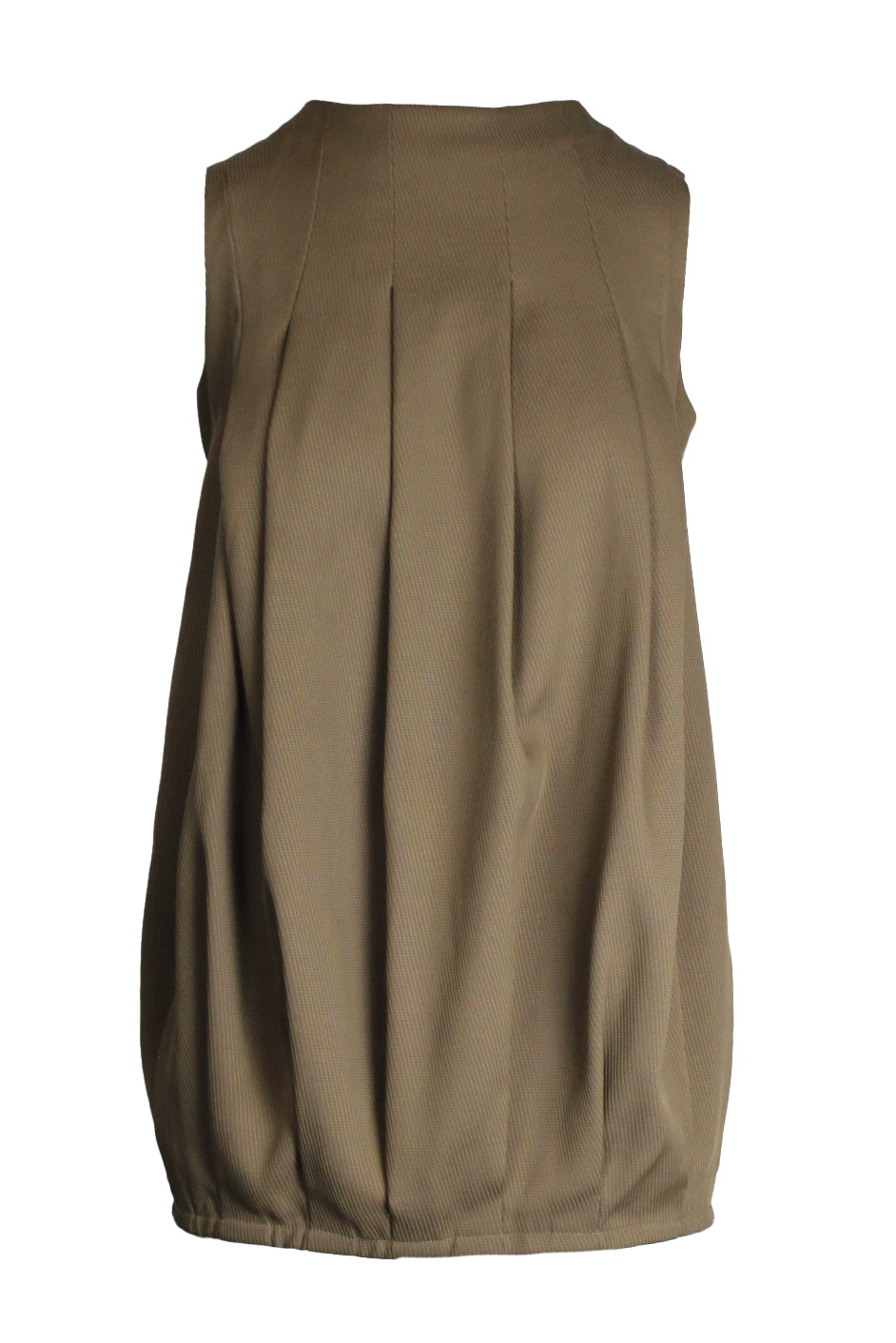 description: marni green olive sleeveless long top. features rounded neckline, pleated design throughout, black zipper closure at center back, and balloon loose fit. 