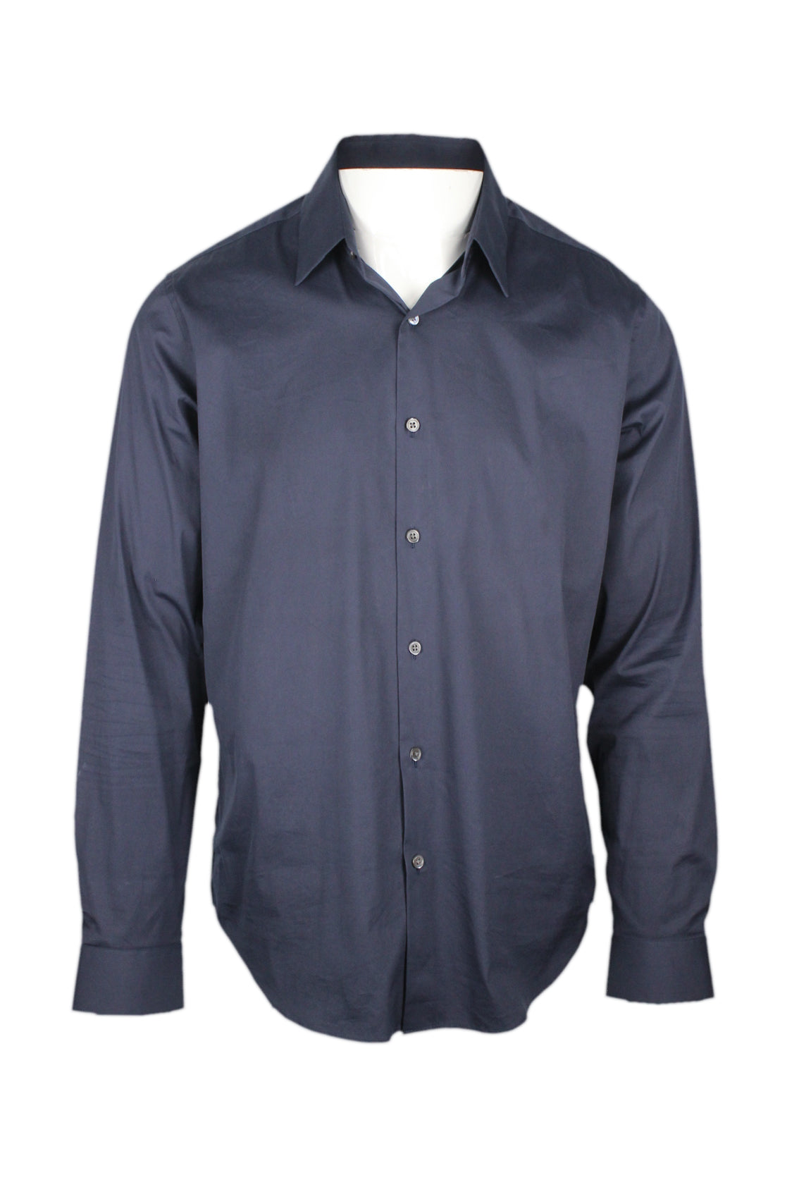 front view of theory midnight long sleeve button up shirt. features buttons at cuffs and tonal stitching throughout.
