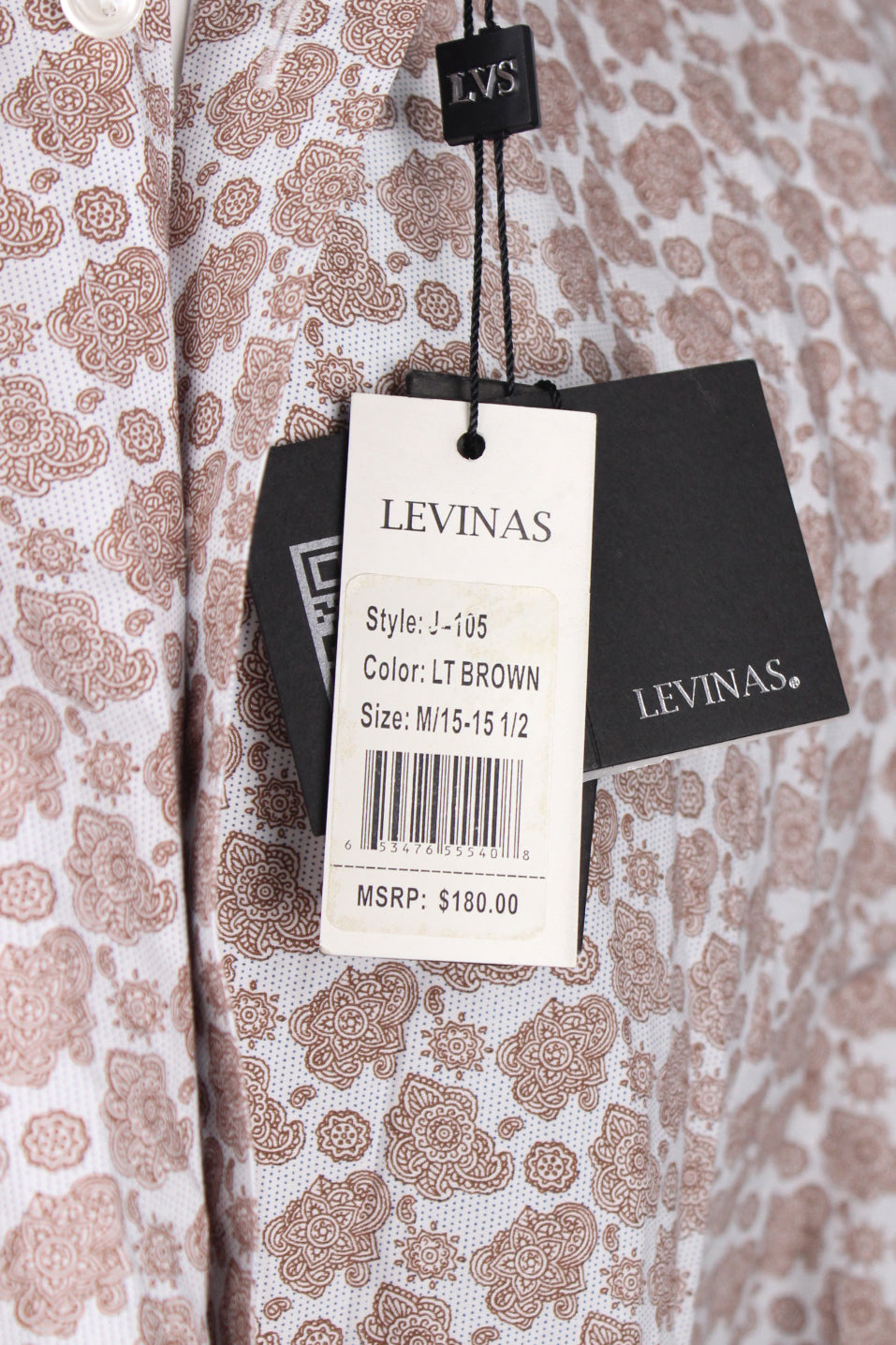 detail view of 'levinas style: j-105 color: lt brown size: m/15-15 1/2 msrp: $180.' logo tags of shirt.